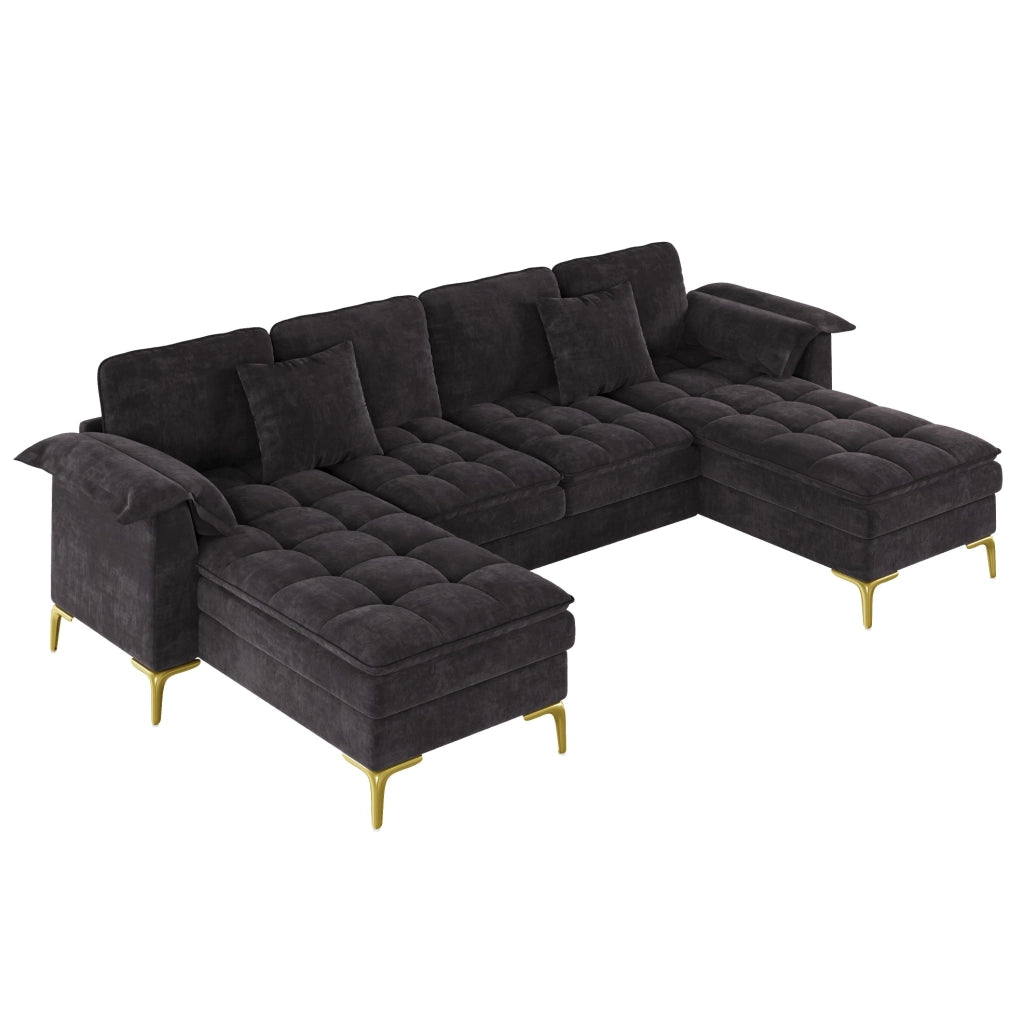 Divano angolare a U 262x134 cm nero in ciniglia; 2 chaise longue