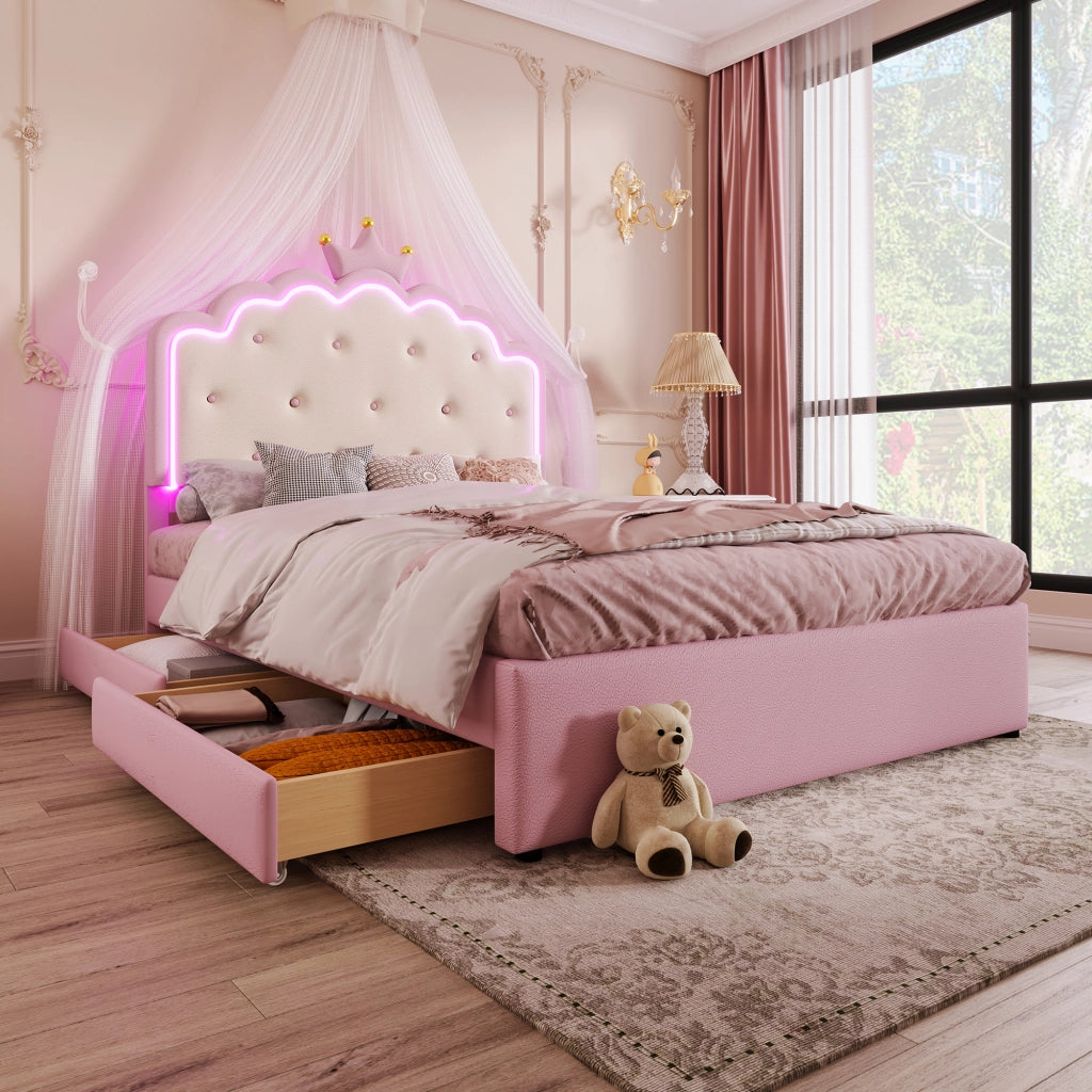 LETTO imbottito 140x200 cm PU Rosa con letto estraibile e 2 cassetti