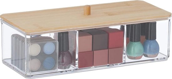 Organizzatore per trucchi con coperchio in bambù - 3 cassetti - trasparente - plastico - stile e funzionale