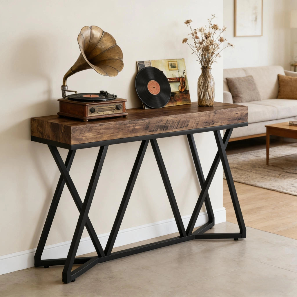 Consolle industriale in MDF e metallo, piano effetto legno per ingresso e soggiorno, nero e marrone rustico, 140 × 30 cm