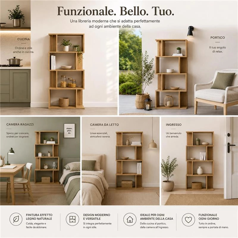 LIBRERIA IN MDF ROVERE CON QUATTRO RIPIANI SFALSATIMISURE: 70X24X127 CM