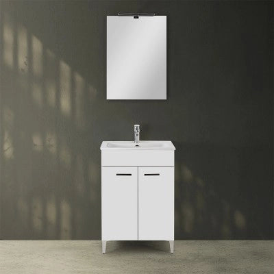 Mobile bagno a terra 60 cm bianco lucido con 2 ante lavabo e specchio  Martha