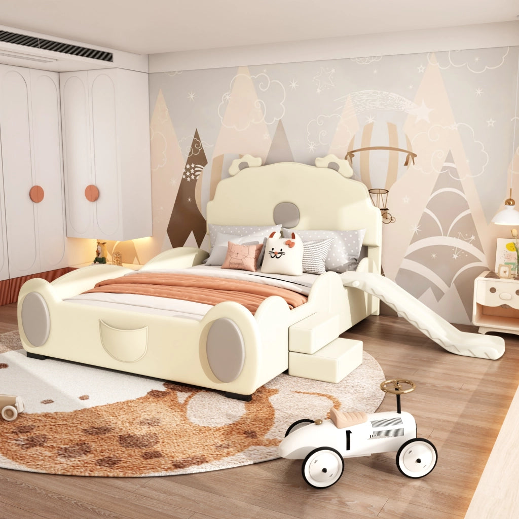 OKWISH Letto a capanna 140×200 cm, Letto Matrimoniale per Bambini con Scivolo, Scaletta e Forma Orso, senza Materasso, in PU, Beige