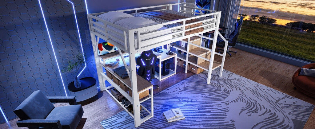DESMIU Letto a soppalco 2 posti con scrivania, vani portaoggetti, USB e LED regolabile 140 × 200 cm, senza materasso
