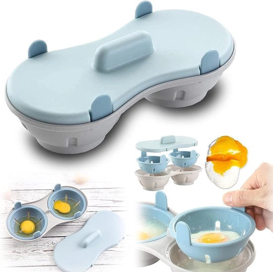 Egg Cooker con Magnetron per 2 Uova con Fermo Uova e Fissaggio Uova, compatibile con Microonde e Lavastoviglie, facile da Pulire (Blu)