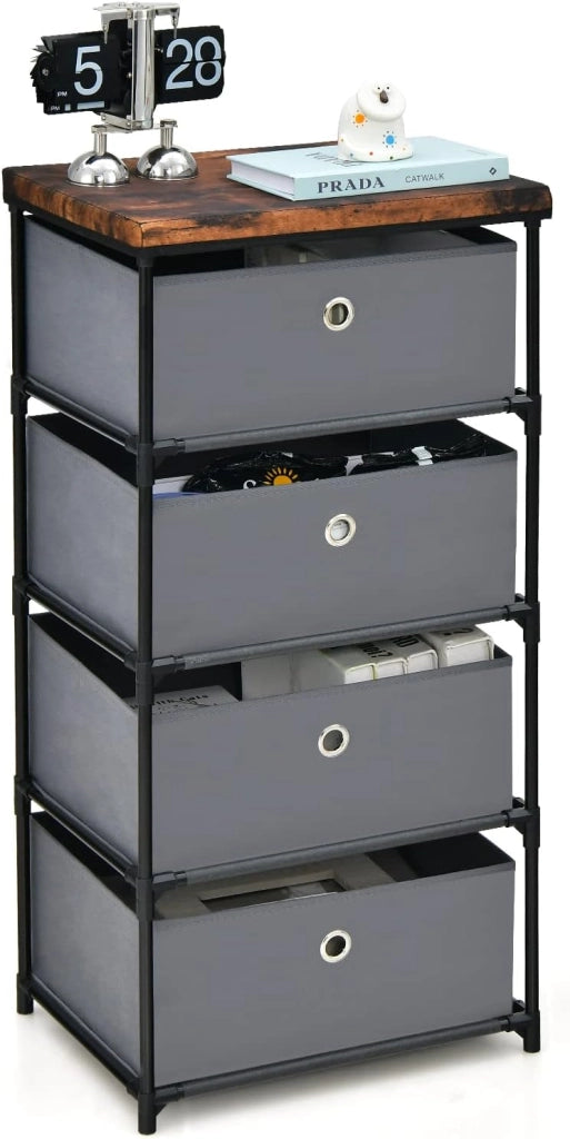Cassettiera in Tessuto, Mobile con 4 Cassetti e Struttura Robusta in Metallo, Mobiletto Salvaspazio per Camera da Letto, Corridoio, Ingresso e Armadio, 42 x 33,5 x 84,5 cm (Grigio)