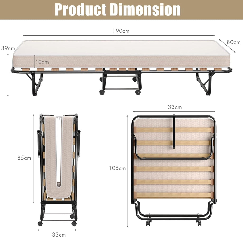 Letto Singolo Pieghevole con 4 Ruote, Portata di 120 kg, Letto Pieghevole con Materasso e 4 Gambe in Mettallo, Fibbia Fissata, 80 x 190 cm, Materasso di 10 cm, Ideale per Viaggio e di Riserva