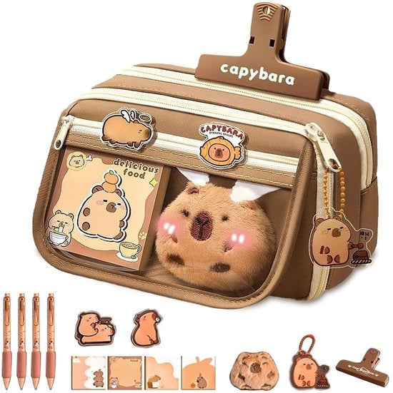 Etui Capybara, 9 contenitori, grande capacità con 2 adesivi, 2 spille e 1 pendente, 4 penne per ufficio, scuola, studio, attrezzature da scrivere