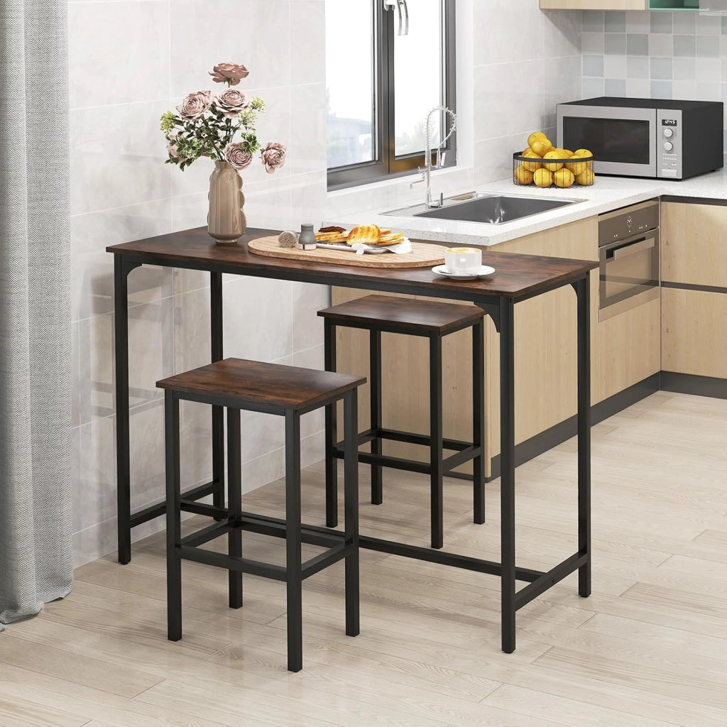 Tavolo Alto Cucina per 3 Persone, Tavolo da Pranzo in Piedi Rettangolare, 2 Sgabelli con Poggiapiedi, Struttura in Metallo, Stile Industriale per Spazio Piccolo, Sala da Pranzo, Ristorante