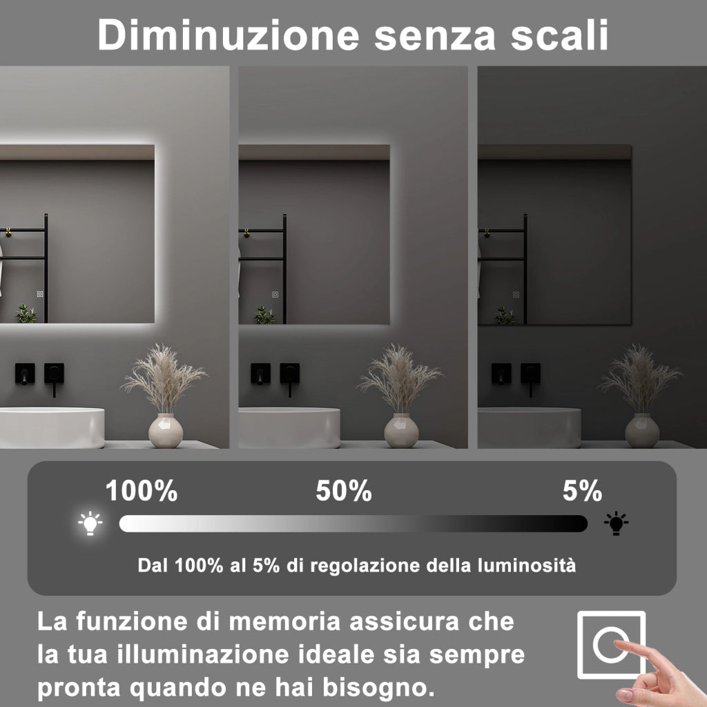 AICA Specchio da bagno 80 x 60 cm, antiappannamento, dimmerabile, interruttore touch, Funzione Memoria