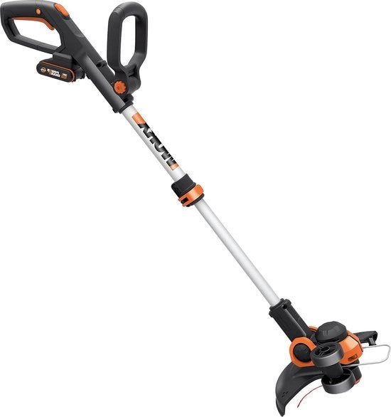 Grastrimmer a batteria 20V con stazione di ricarica Li-Ion, spazzola, protezione di sicurezza, ruote, lame, colore nero, argento e arancione