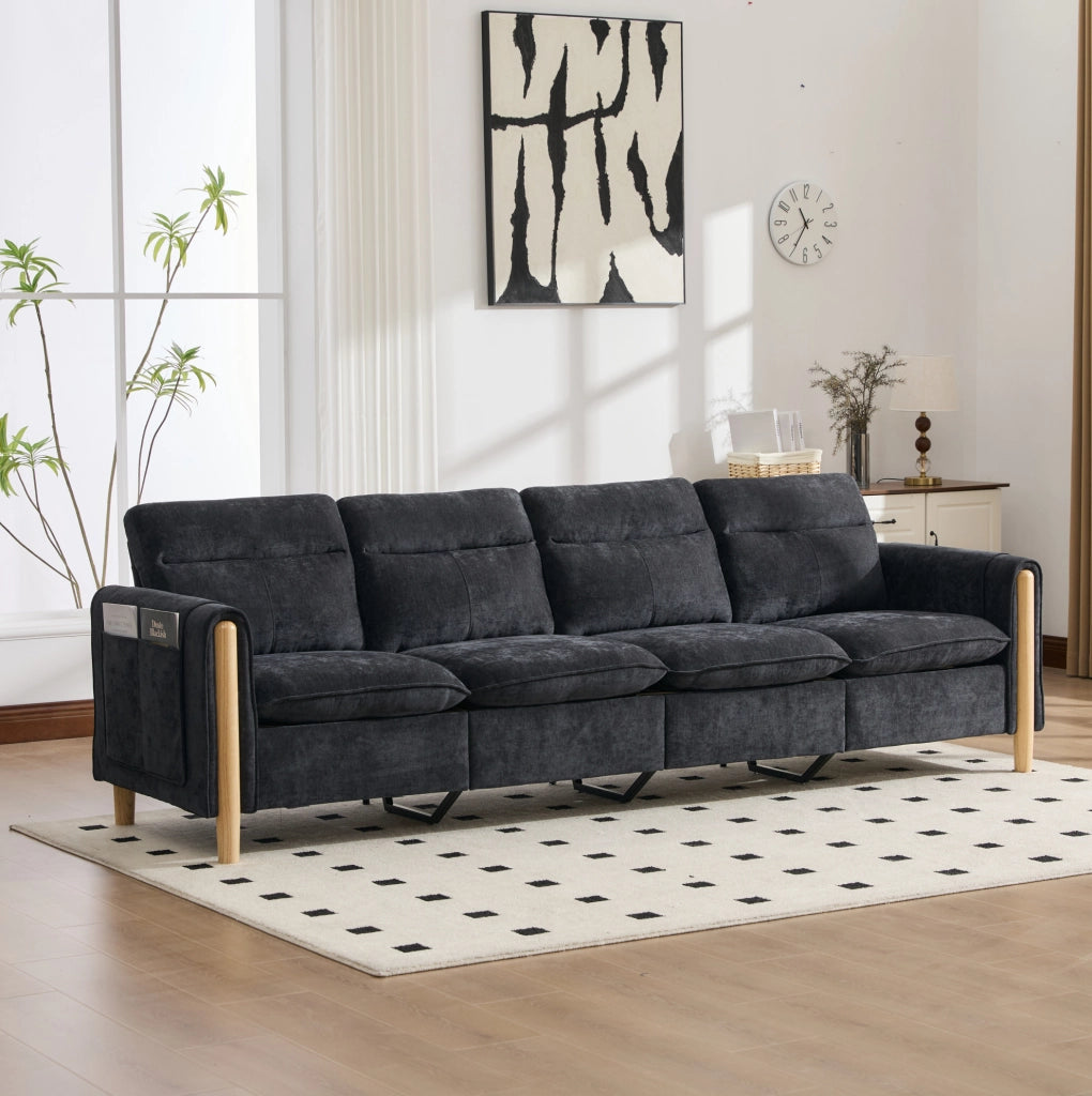 Divano modulare a U a 4 posti con 2 pouf contenitore; chenille nero