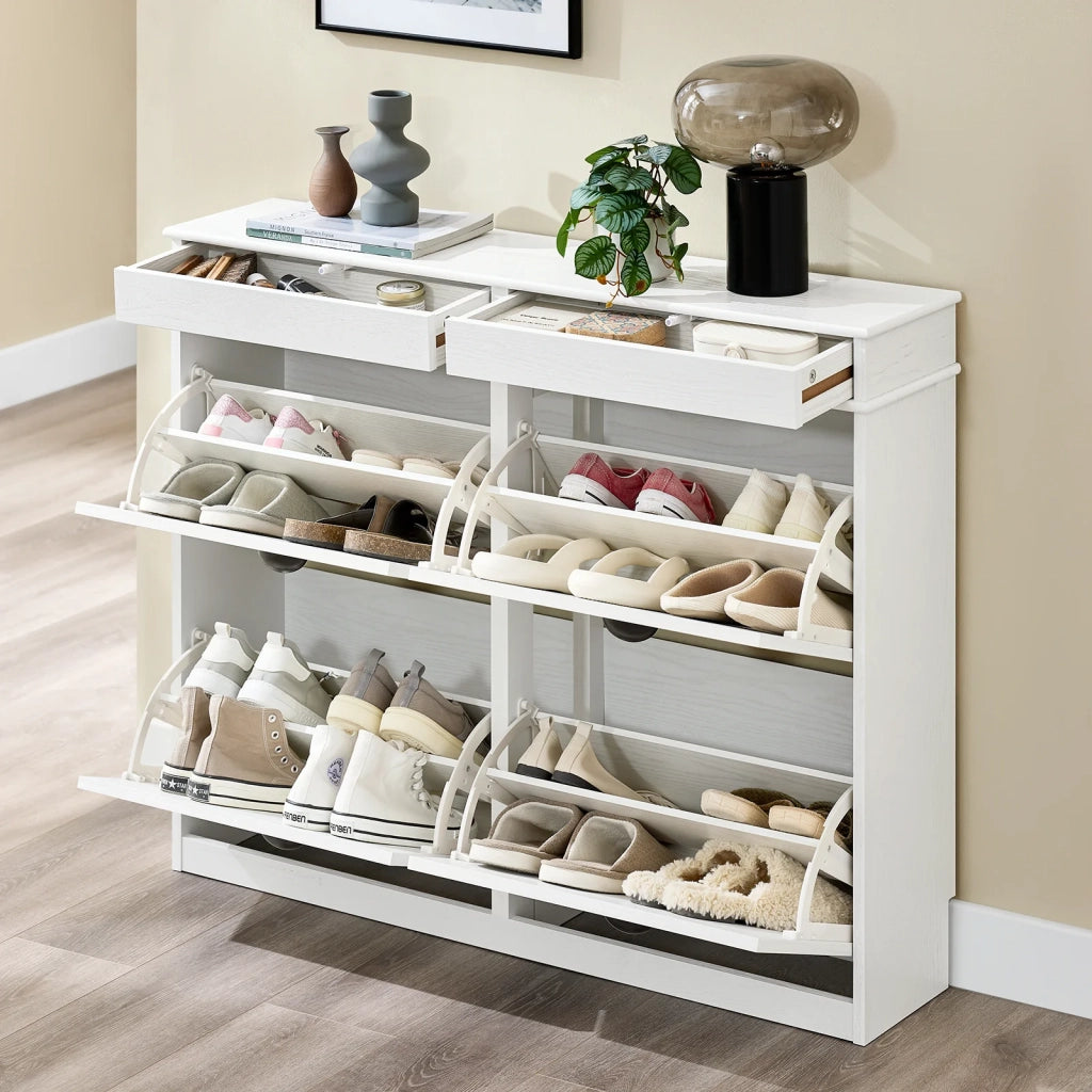 SoBuy FSR79-WG Scarpiera Salvaspazio Slim Mobiletto da Ingresso con 4 Ante a Ribalta Armadio Portascarpe Scarpiera Moderna per Ingresso, Corridoio o Camera 103x23x82cm Effetto Legno Invecchiato Bianco