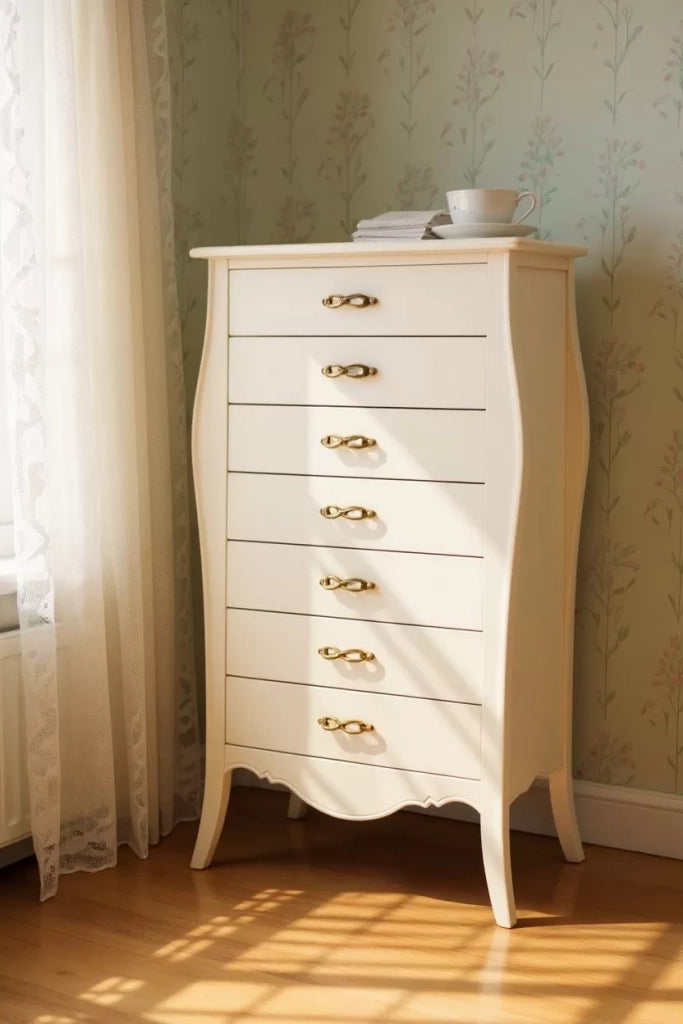 Cassettiera 7 cassetti in legno shabby avorio anticato 80x47x138 - Mobili 2G