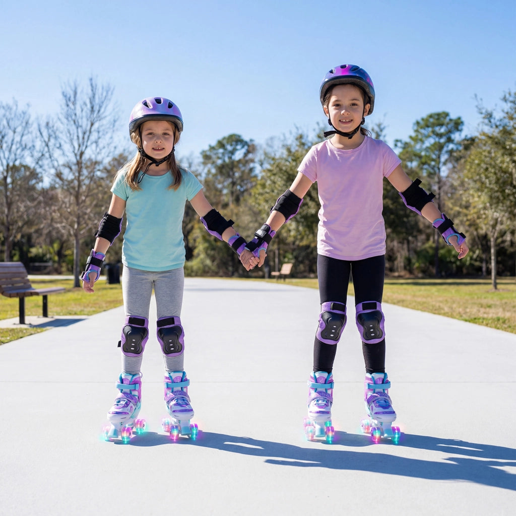 Pattini a rotelle per bambini da 9-14 anni regolabili in 4 taglie, Pattini quad con ruote luminose protezione di sicurezza Viola