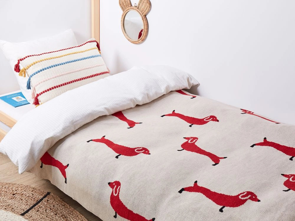 Coperta in cotone beige e rosso 130 x 180 cm Lancio per il letto Accogliente motivo cane Camera da letto Camera dei bambini Design moderno