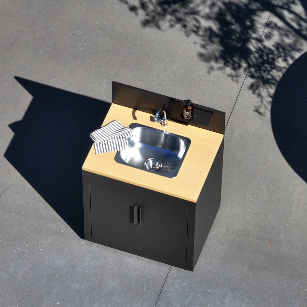 Cucina esterna in acciaio e decorazione in legno 1 lavello 2 porte 1