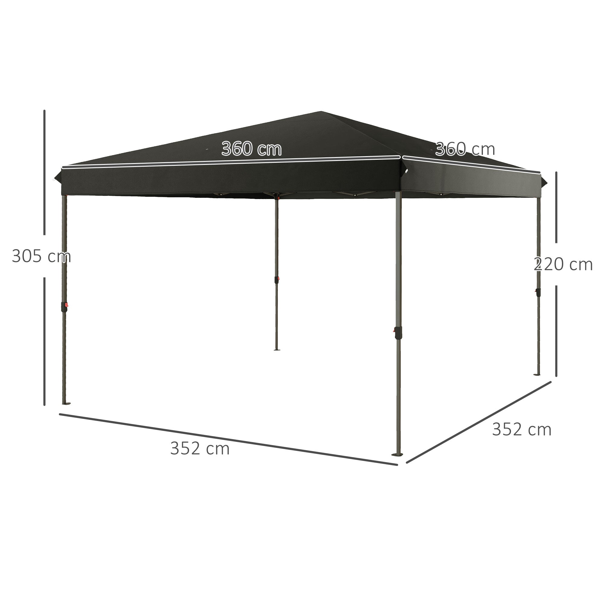 Gazebo Pieghevole 3.6x3.6m con Apertura a Bottone Altezza Regolabile e Borsa con Ruote Nero
