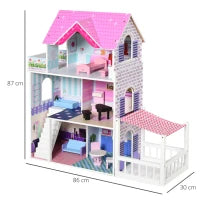 Casa delle Bambole in Legno, Casetta delle Bambole per Bambini a 3 Piani con 13 Accessori, Giocattolo per Bambini 3+ Anni