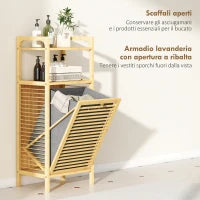 Mobile Bagno a Doghe con Cesto Portabiancheria e Armadietto, in Bambù e Poliestere, 40x30x95 cm, Grigio e Legno