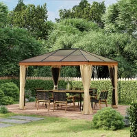 Gazebo da Giardino in Acciaio, Alluminio e Poliestere con Tetto in Policarbonato e Zanzariere, 2.94x3.60x2.67 m