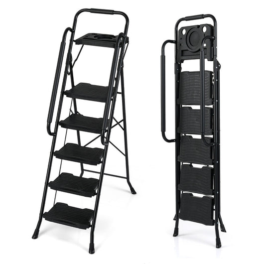 Pratica scala a 5 gradini con robusto vassoio portautensili pieghevole 95 x 54 x 159 cm maggiore sicurezza design moderno in metallo nero 20_0018955