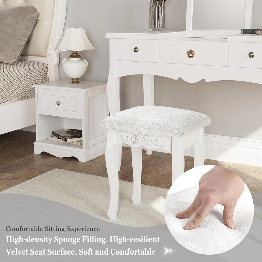 Sgabello per Tavolo da Trucco, Toeletta Sedia Imbottita per Camera con Motivo Floreale, Design Barocco, Legno di MDF + Rovere, Bianco+Beige 37x30x50cm, MB6015cm