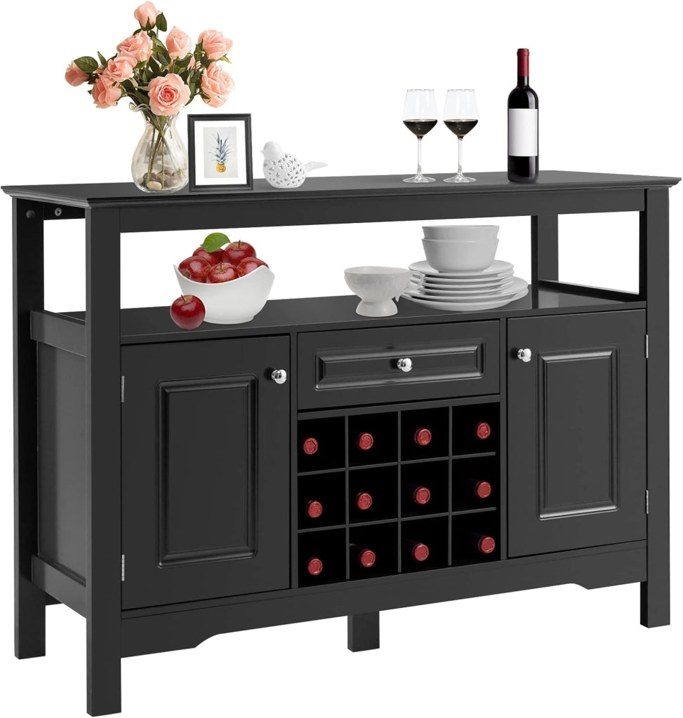 Tavolo Portabottiglie, 2 Ripiani, 12 Bottiglie, Cantinetta con 1 Cassetto e 2 Ante, Portabottiglie per Conservare ed Esporre il Vino, 116x40x82cm, 3 Colori (nero)