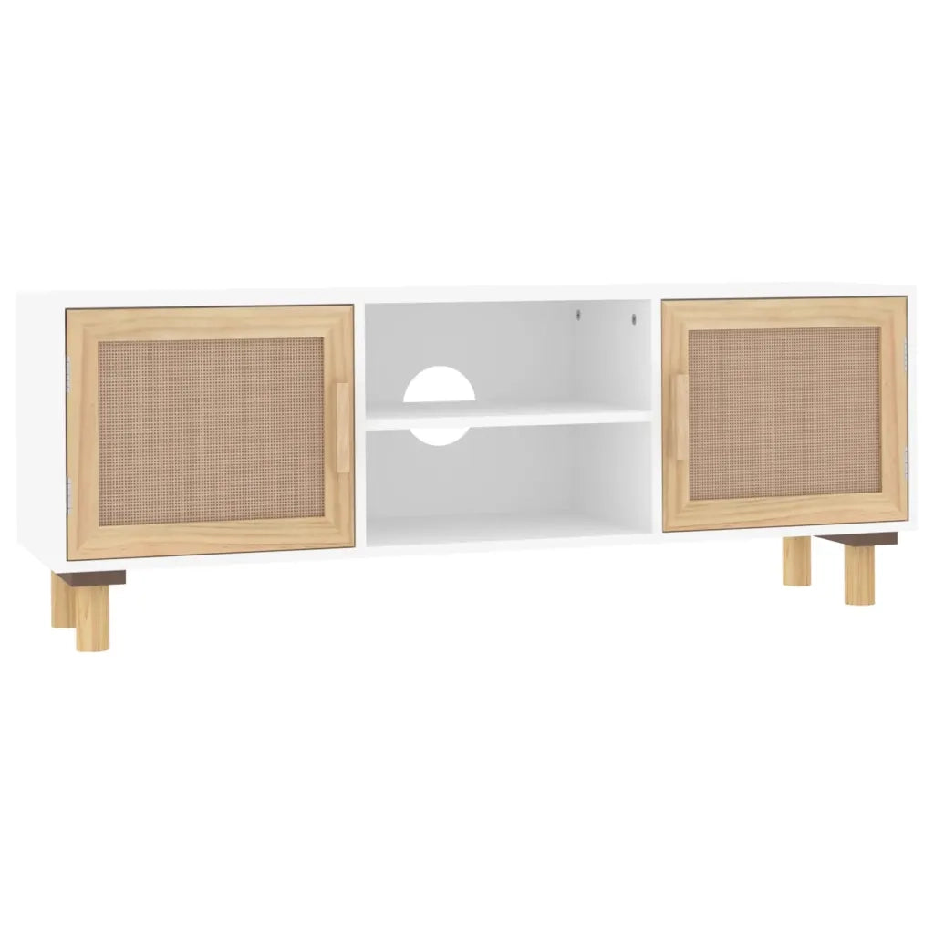 Mobile TV Bianco 105x30x40 cm Massello Pino e Rattan Naturale 345615