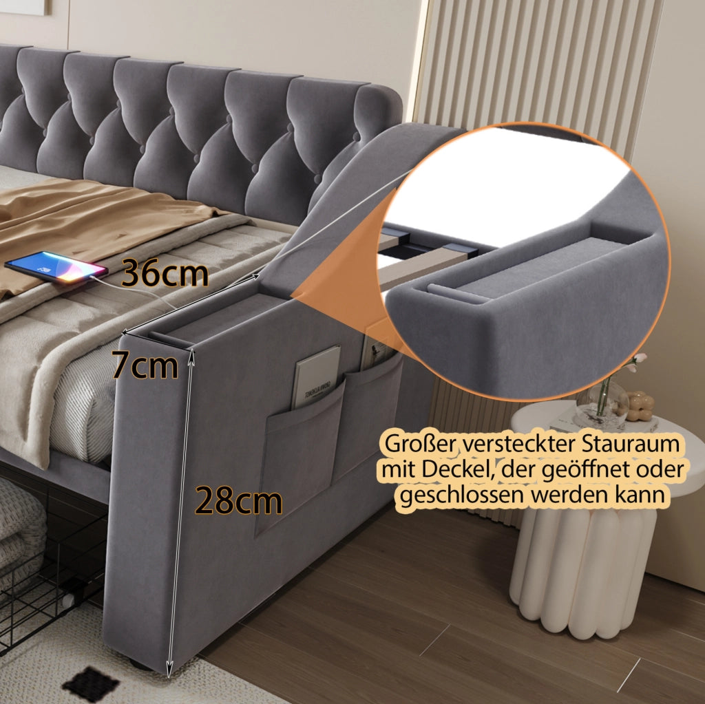 Divano letto imbottito 90x190 cm in velluto grigio con contenitore; USB e USB-C