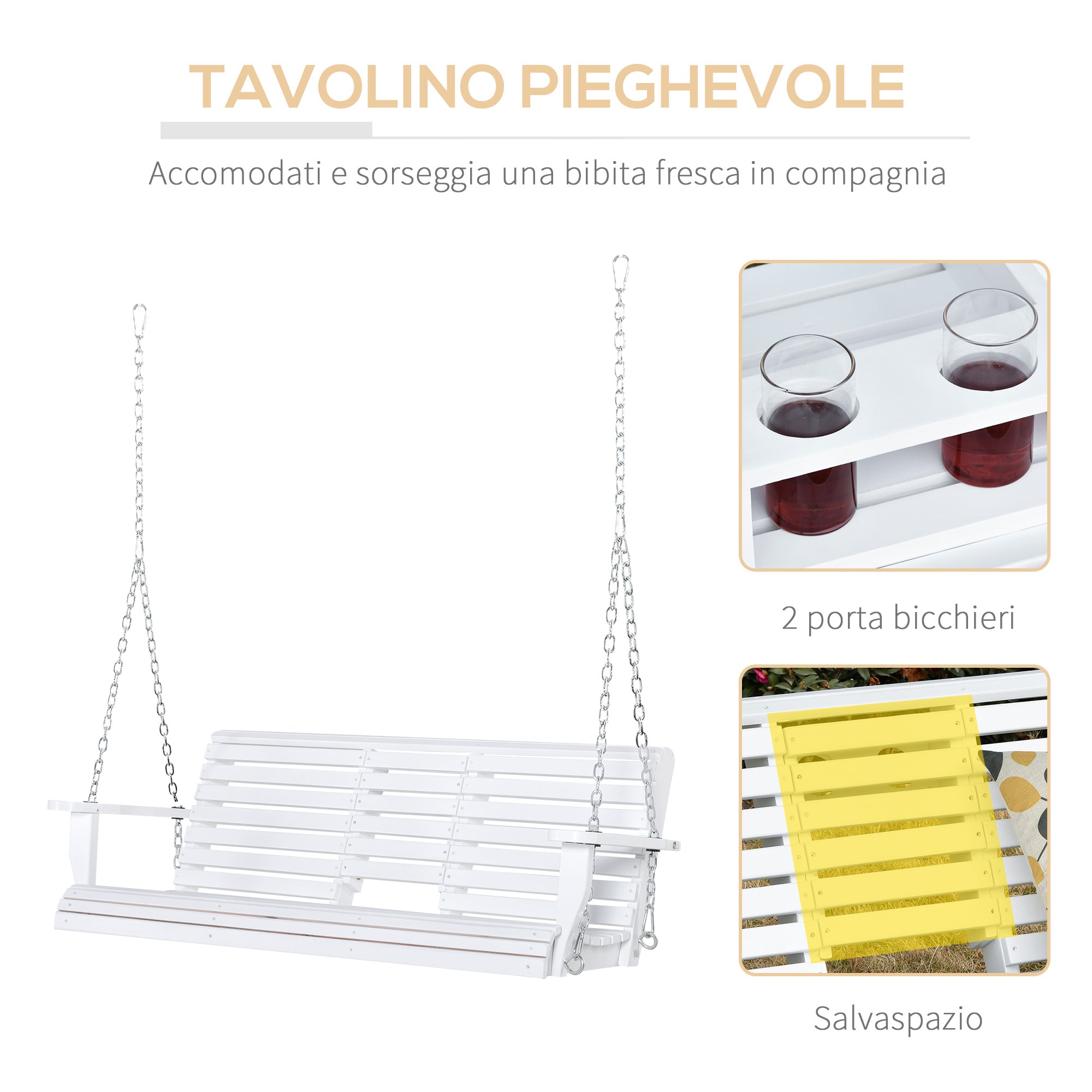 Dondolo 3 Posti da Esterno 150x75x53 cm con Tavolino Centrale e Portabicchieri in Legno e Metallo Bianco