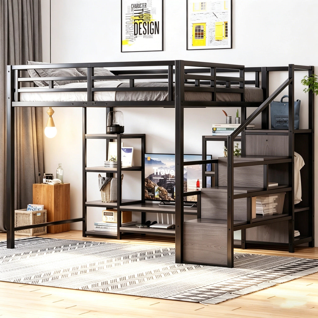 Letto a soppalco 140 × 200 cm con supporto TV, presa elettrica e scala contenitore, senza materasso, in metallo, nero