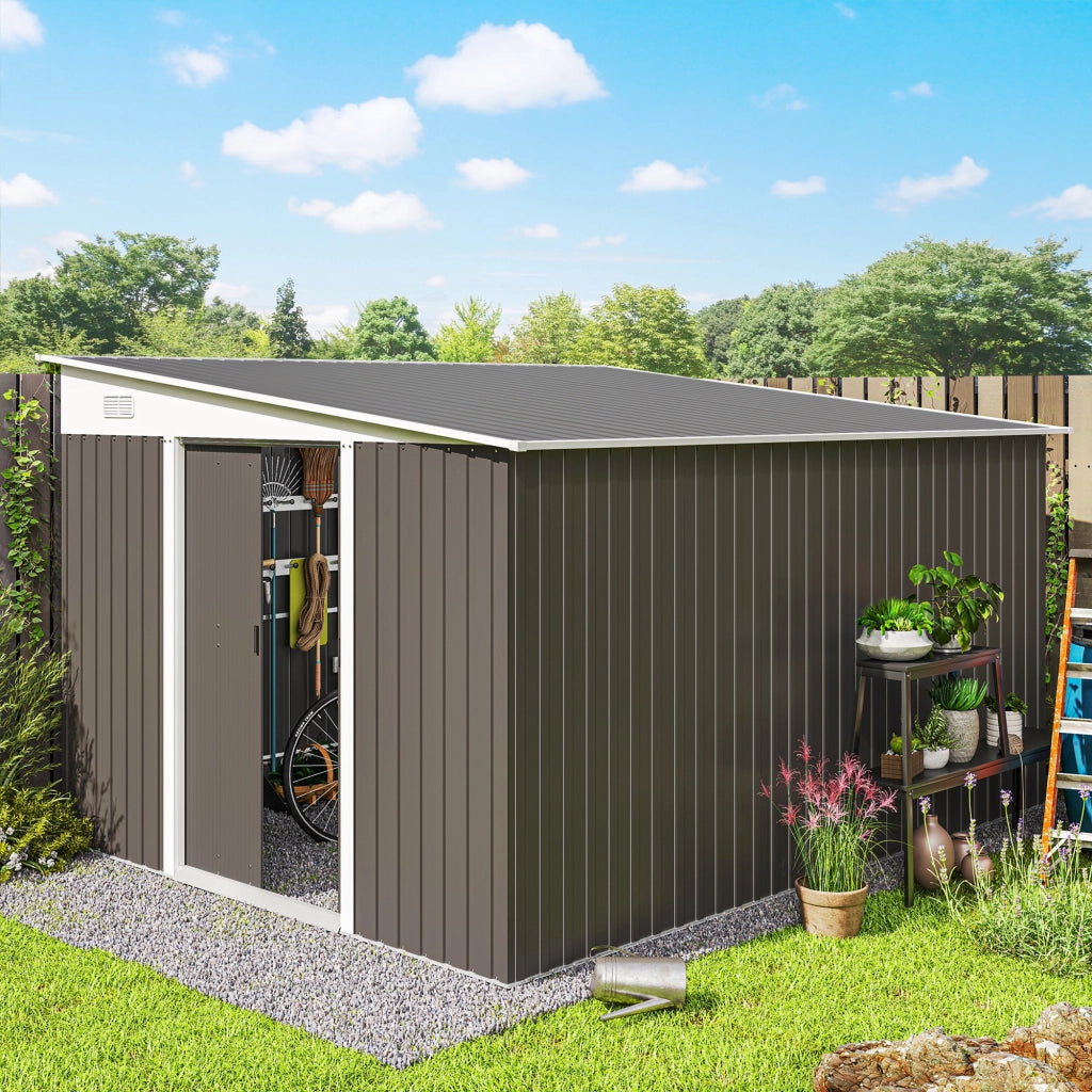 Casetta da Giardino con Porta Scorrevole. in Acciaio. 345x280.5x169-201cm. Grigio