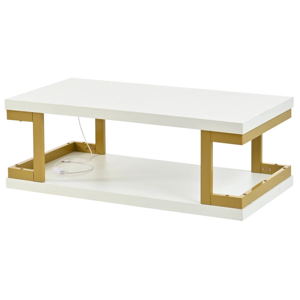 Tavolino da caffè 100x50x37.5 cm con illuminazione LED in MDF e metallo bianco e oro
