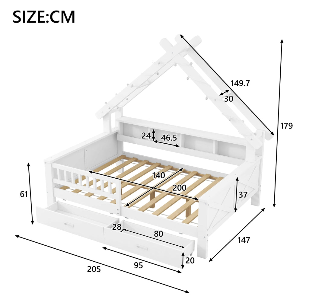 Letto a casetta con LED; 140x200 cm; con ripiani e 2 cassetti; in MDF e pino; bianco
