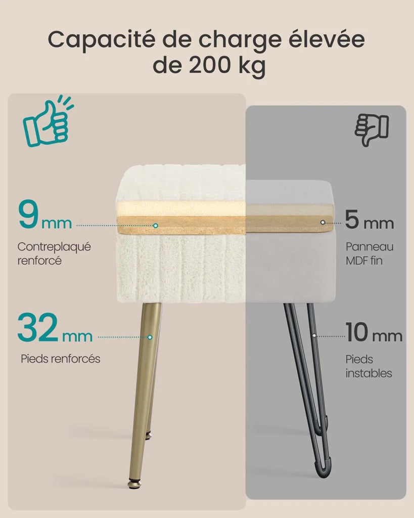 Sgabello da toeletta con contenitore e poggiapiedi 30 x 40 x 50 cm metallo imbottito piedini regolabili per soggiorno camera da letto cabina armadio beige 12_0008034