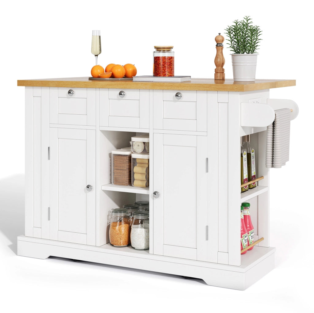 Isola cucina mobile 132x40(70)x87 cm con piano ribaltabile; prese integrate in MDF bianco e naturale