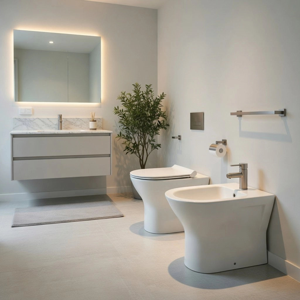 Sanitari filomuro FEELING Rak Ceramics: WC, bidet, copriwater soft-close Bianco Opaco