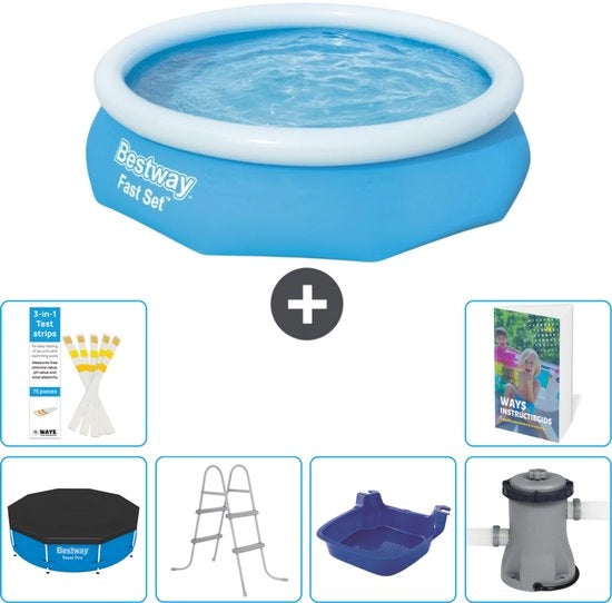 Piscina Opblaasbar Rond Fast Set - 305 x 76 cm - Blu - Inclusa Copertura - Scala - Pedane - Pomp Filtro Piscina - 7 pezzi