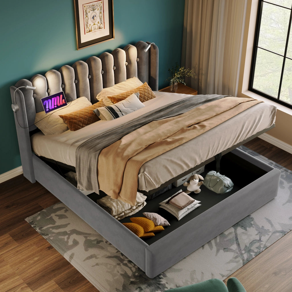 Letto matrimoniale 160x200 cm grigio in velluto con LED USB