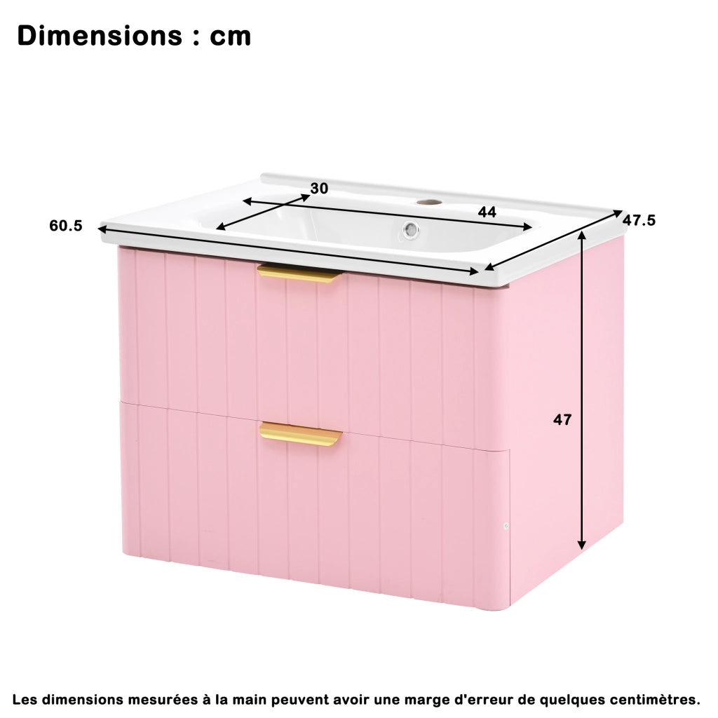Mobile sottolavabo sospeso con lavabo in ceramica a 2 livelli in MDF rosa e bianco 28,3 kg