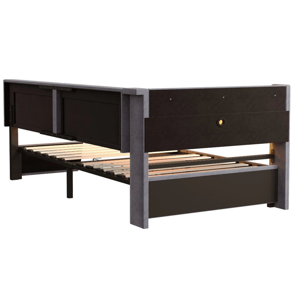 Divano letto 90x200 cm con LED, USB e contenitore in velluto grigio scuro