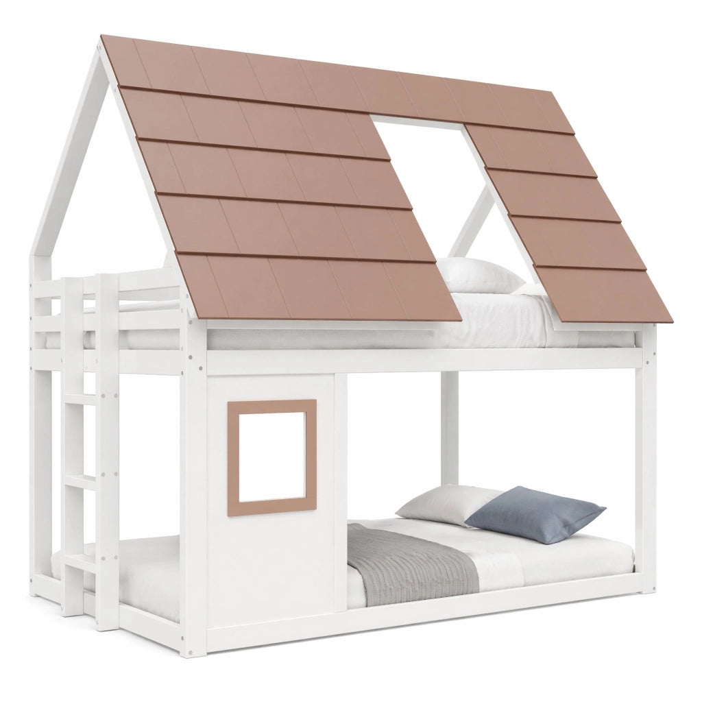 Letto a castello a forma di casa 140x200 cm con tetto e scala; bianco e marrone