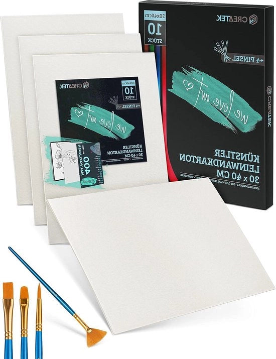 Pacchetto da 10 di cartone per dipinto 30x40cm con corso di video in acrilico pronto all'uso - grondato - 400 stencil - 4 pennelli - 100% cotone - tela 30 x 40 - cartone per dipinto premium in tela