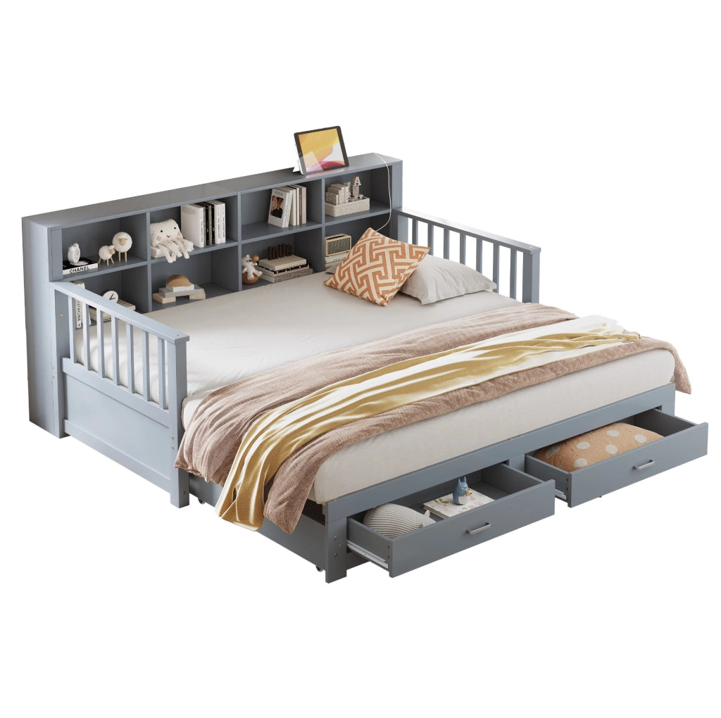 Divano letto multifunzione estraibile in legno massello con contenitore e presa integrata