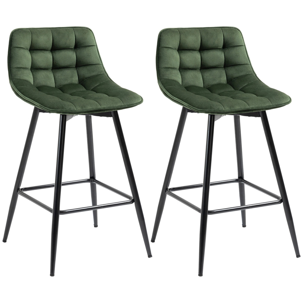 Set 2 Sgabelli da Bar con Schienale e Poggiapiedi Stile Nordico in Metallo e Velluto, Verde, 45x47x84cm