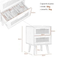 Set 2 Comodini per Camera da Letto Stile Boho con 2 Cassetti, 40x40x56cm, Legno Naturale