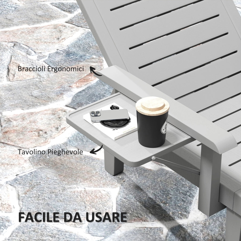 Set 2 Lettini da Giardino Regolabili 79x158x88 cm con Tavolino Pieghevole in Polipropilene Grigio Chiaro