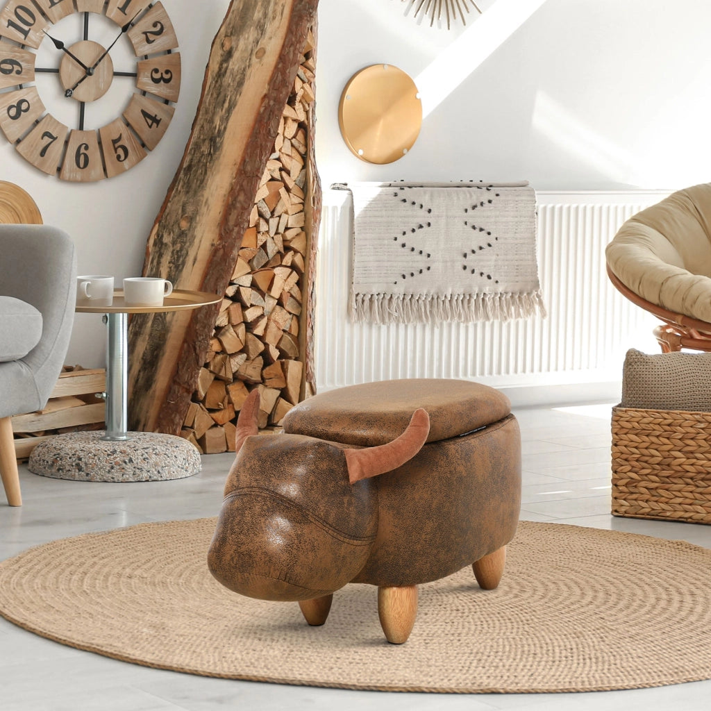 Pouf Poggiapiedi a Forma di Bufalo 62x35x36 cm in Tessuto Effetto Pelle Scamosciata Marrone