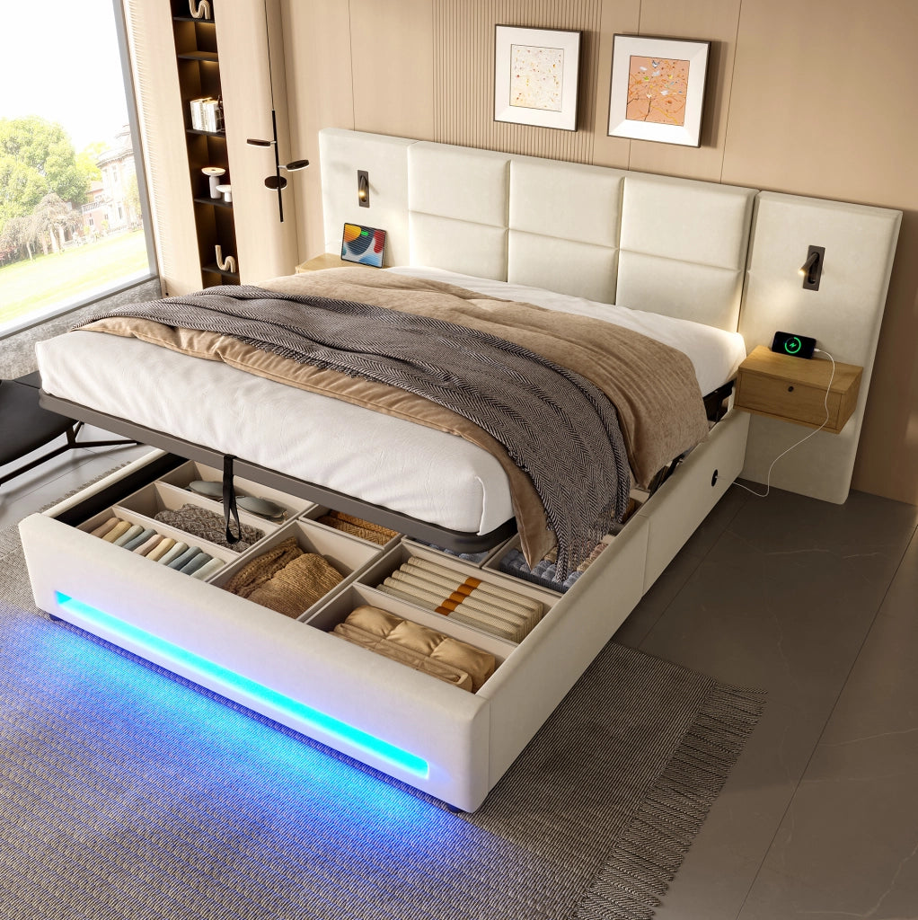 Letto imbottito 180x200 cm con contenitore; USB-C e LED in velluto beige